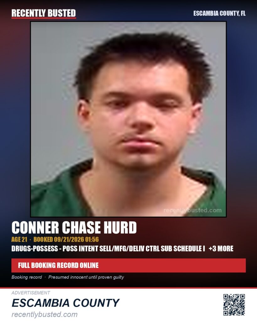 Conner Chase Hurd — arrest record card, Escambia County, Florida