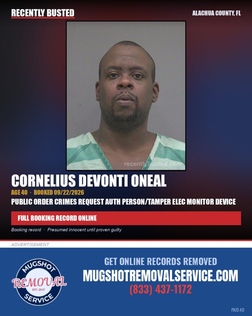 Cornelius Devonti Oneal — arrest record card, Alachua County, Florida
