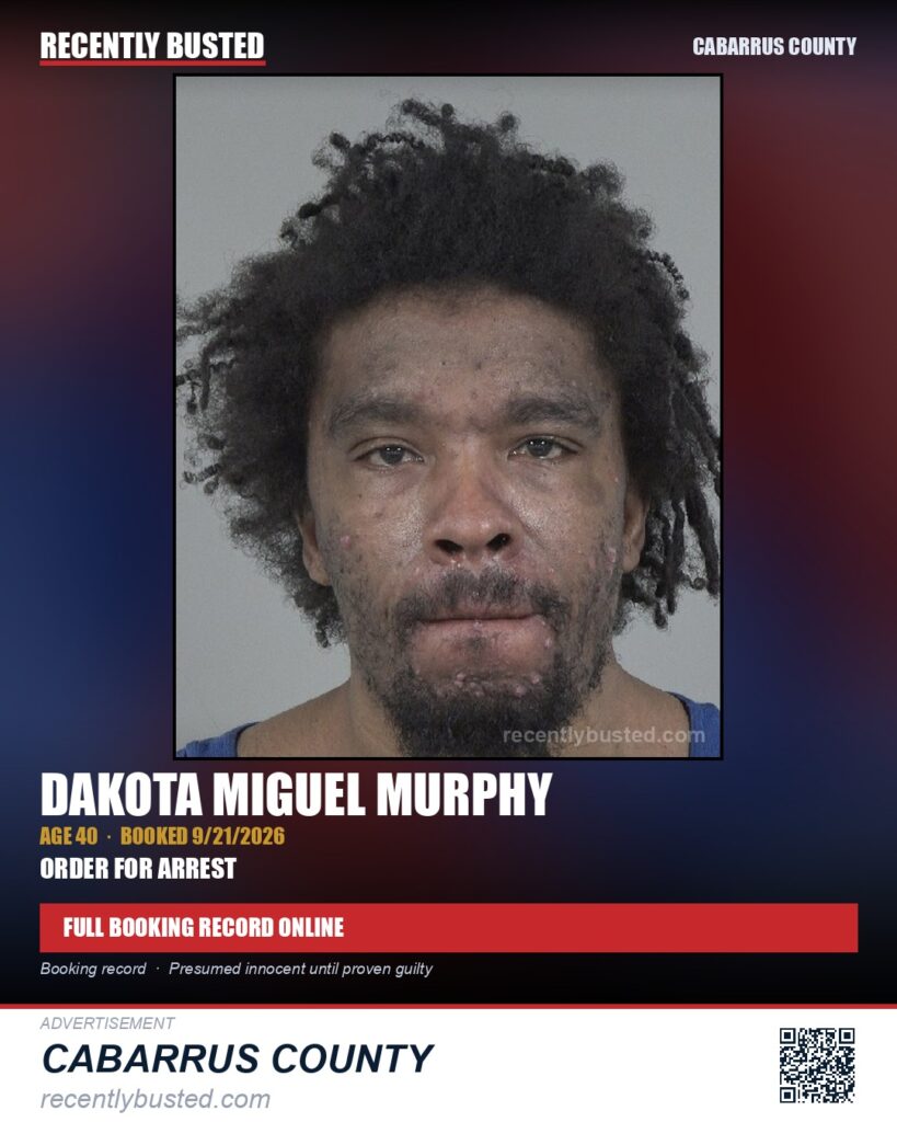 DAKOTA MIGUEL MURPHY — arrest record card, Cabarrus