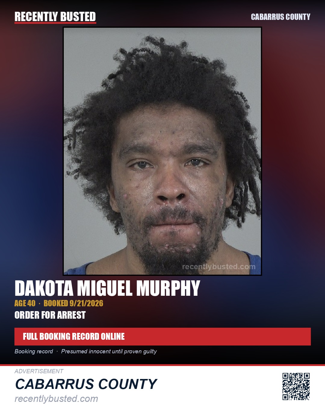 DAKOTA MIGUEL MURPHY — arrest record card, Cabarrus County