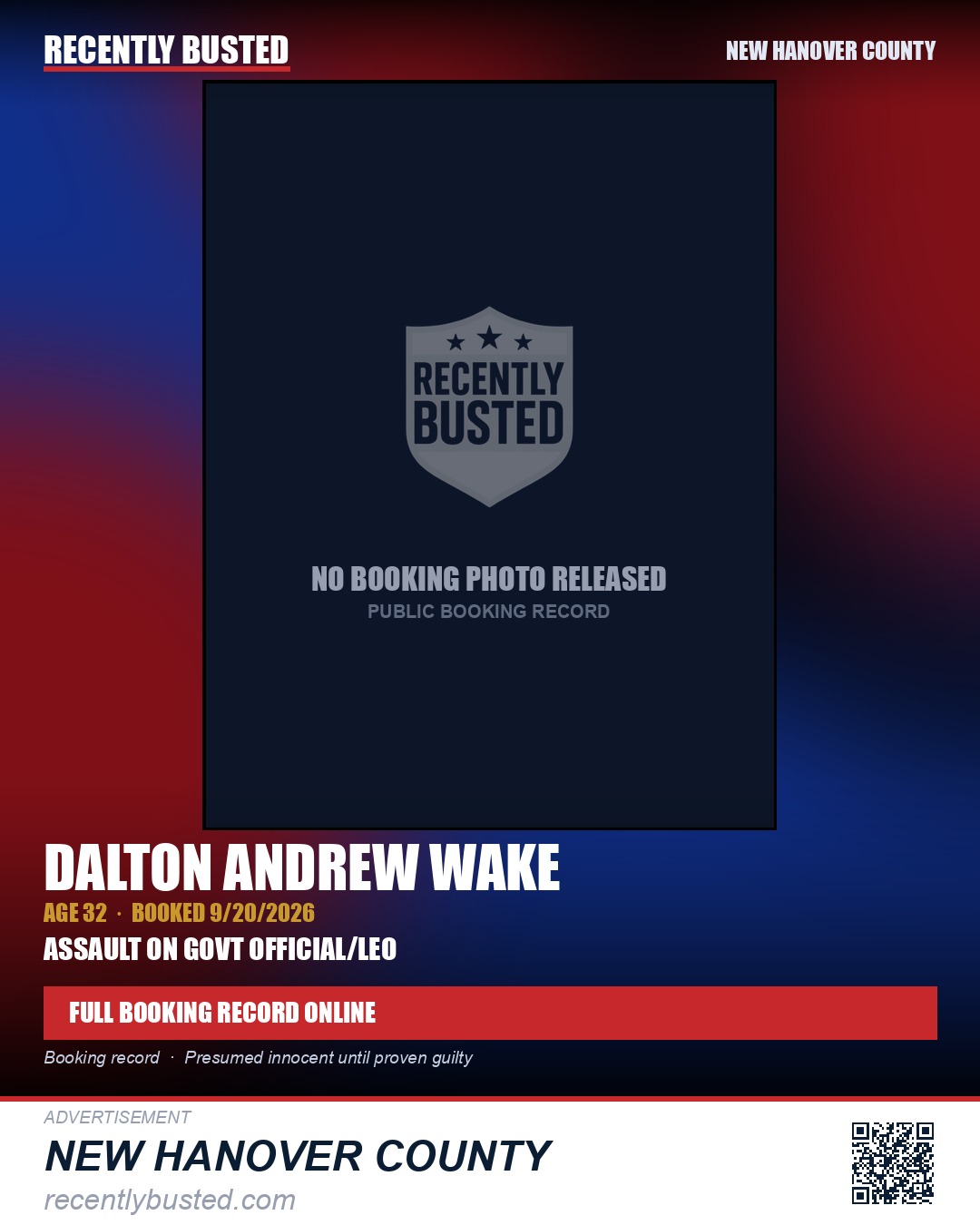 DALTON ANDREW WAKE — arrest record card, New Hanover County