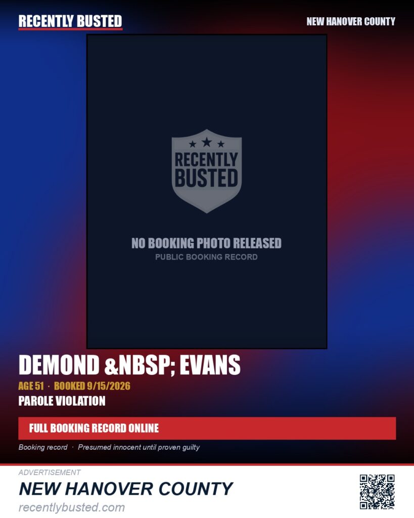 DEMOND &nbsp; EVANS — arrest record card, New Hanover County