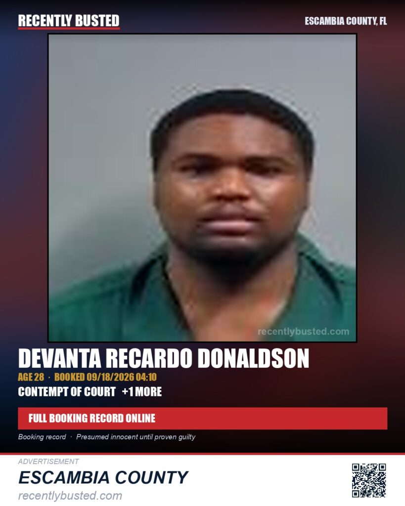 Devanta Recardo Donaldson — arrest record card, Escambia County, Florida