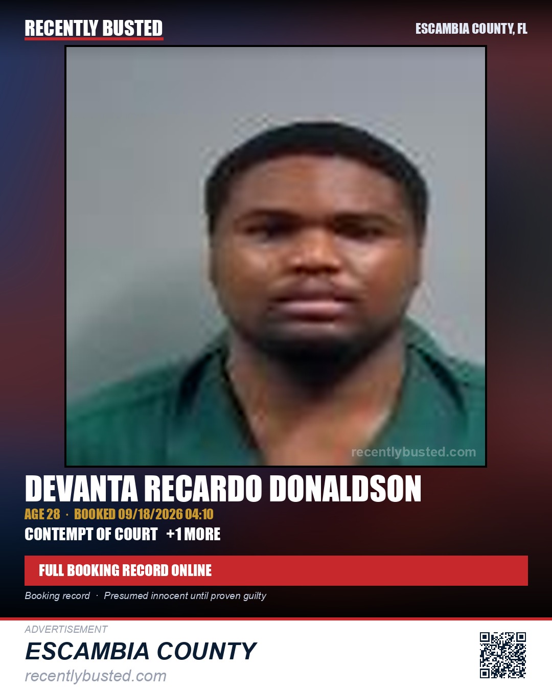 Devanta Recardo Donaldson — arrest record card, Escambia County, Florida