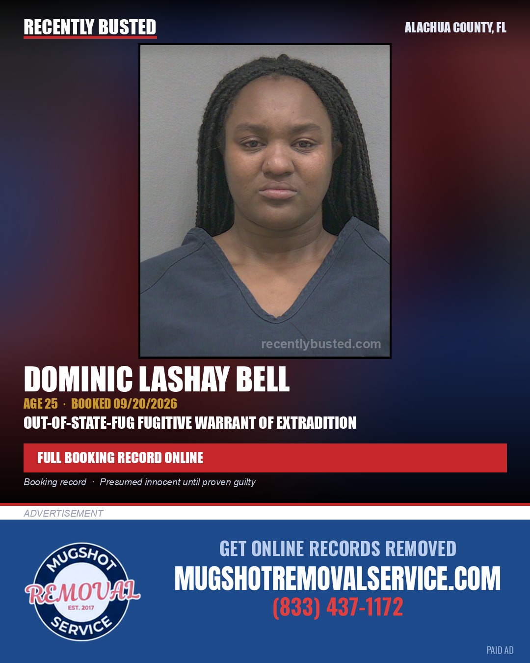 Dominic Lashay Bell — arrest record card, Alachua County, Florida