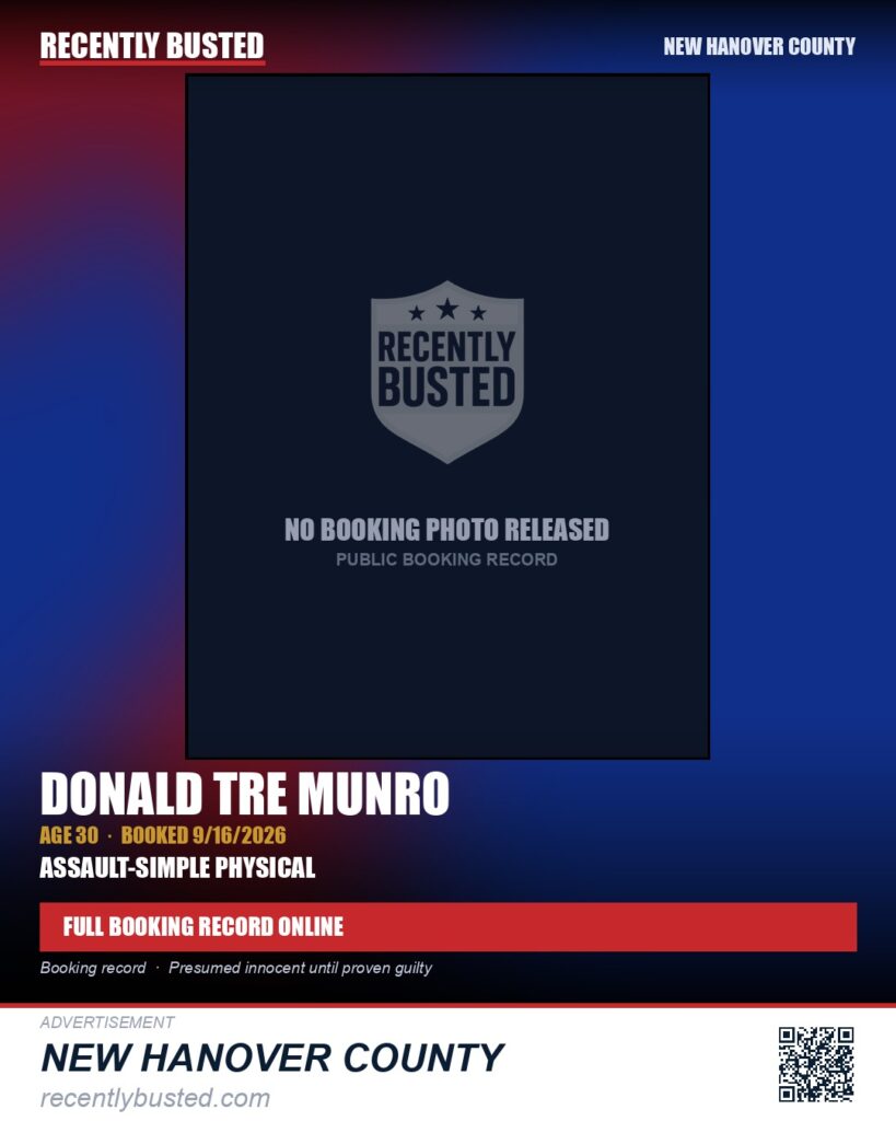 DONALD TRE MUNRO — arrest record card, New Hanover