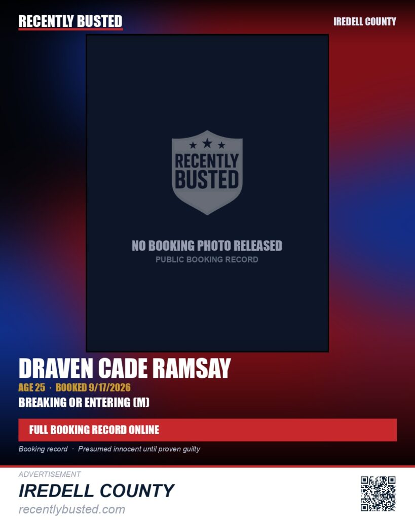 DRAVEN CADE RAMSAY — arrest record card, Iredell County