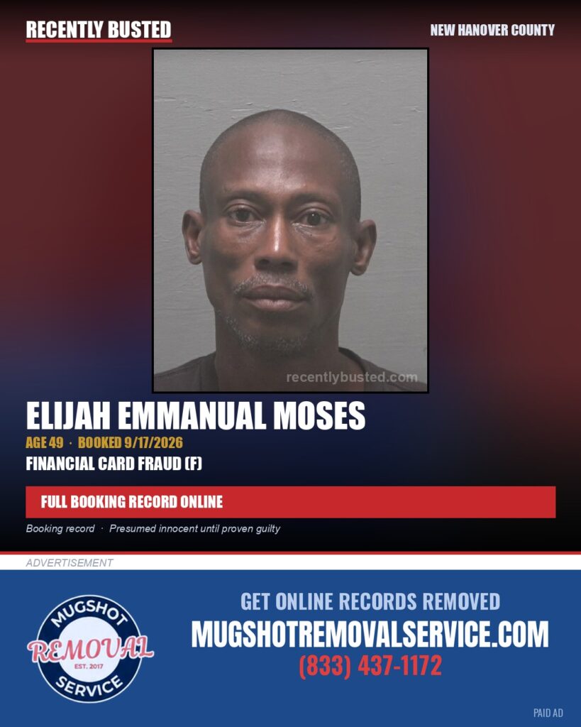 ELIJAH EMMANUAL MOSES — arrest record card, New Hanover County