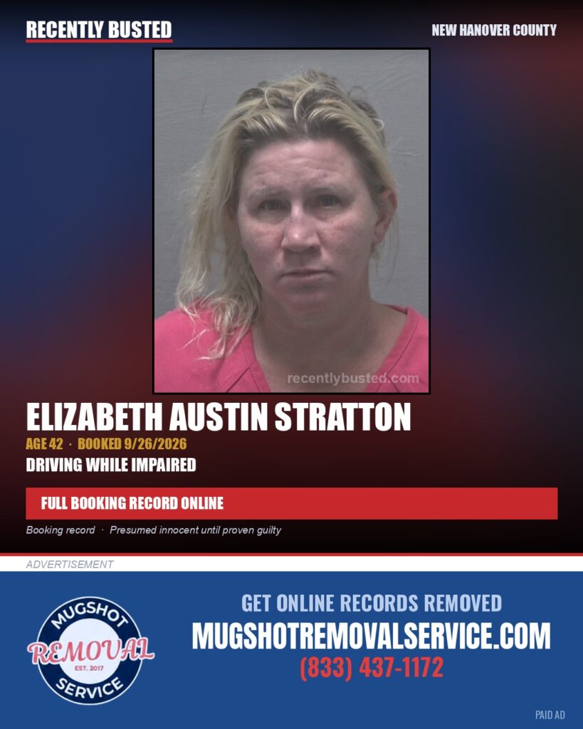 ELIZABETH AUSTIN STRATTON — arrest record card, New Hanover