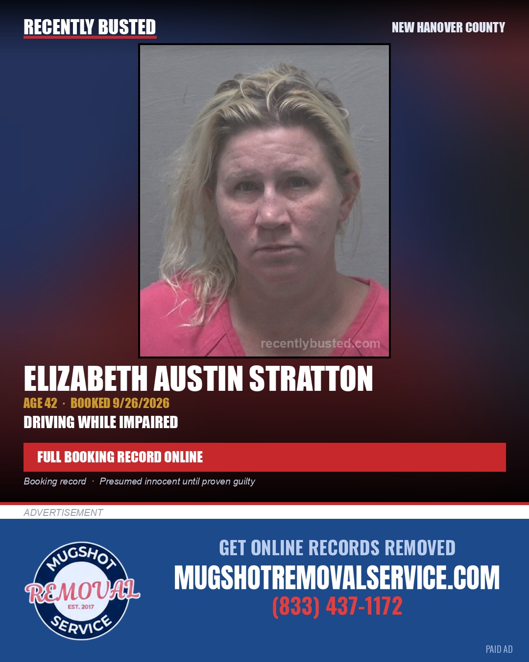 ELIZABETH AUSTIN STRATTON — arrest record card, New Hanover County