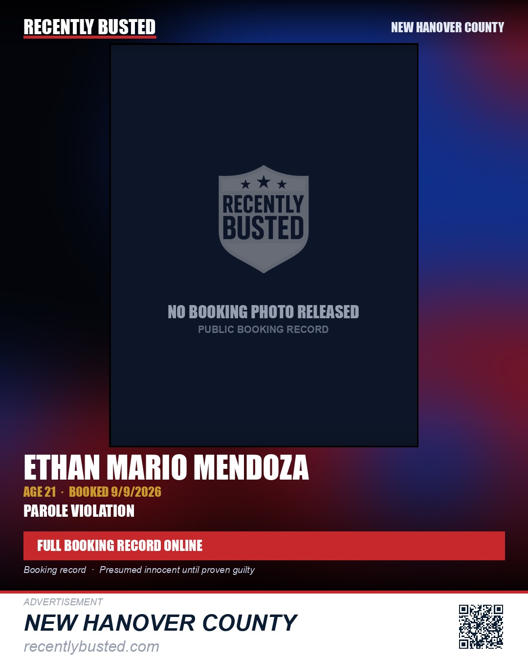 ETHAN MARIO MENDOZA — arrest record card, New Hanover County