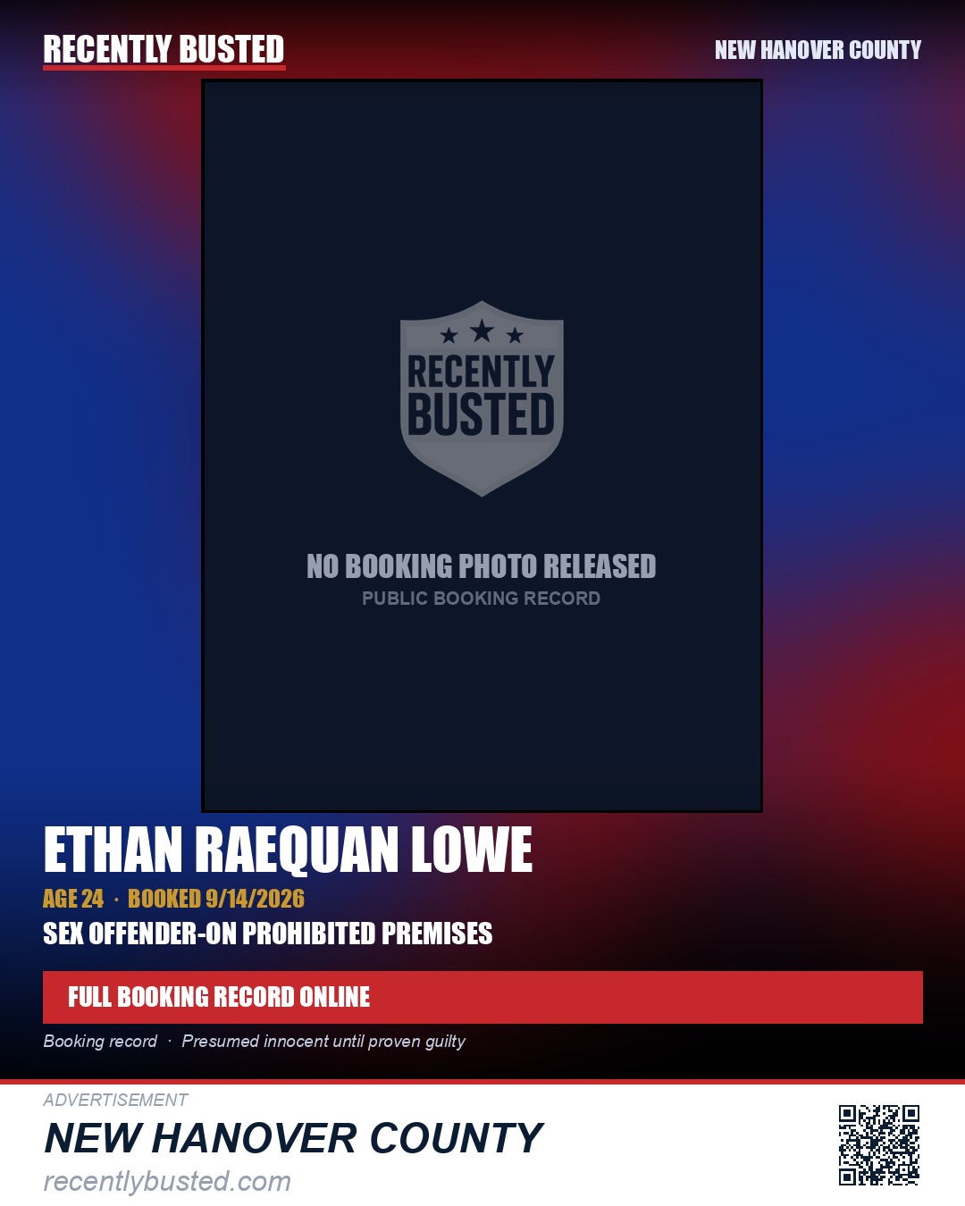 ETHAN RAEQUAN LOWE — arrest record card, New Hanover County