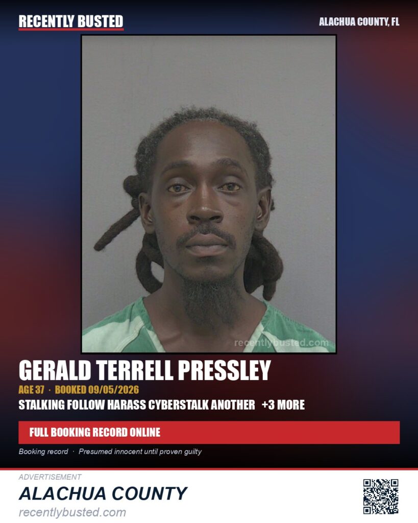 Gerald Terrell Pressley — arrest record card, Alachua County, Florida
