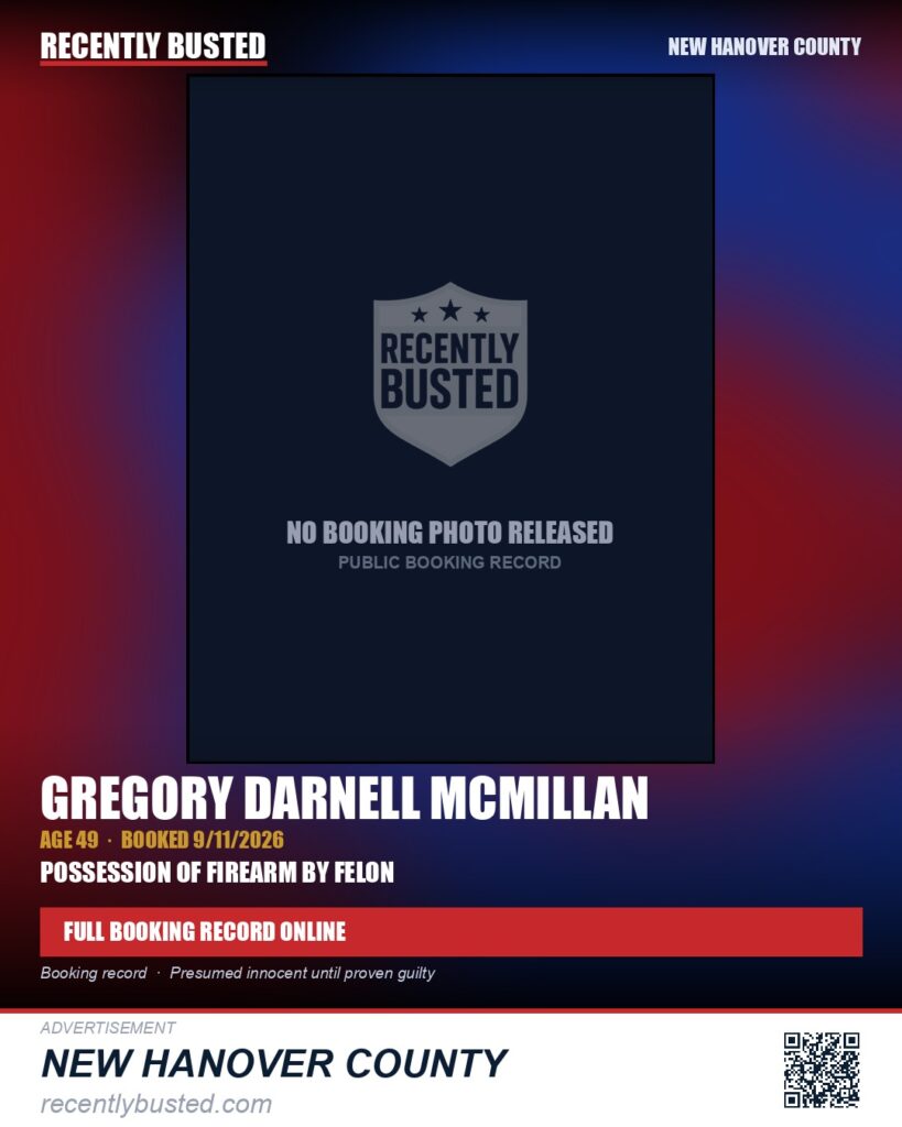 GREGORY DARNELL MCMILLAN — arrest record card, New Hanover