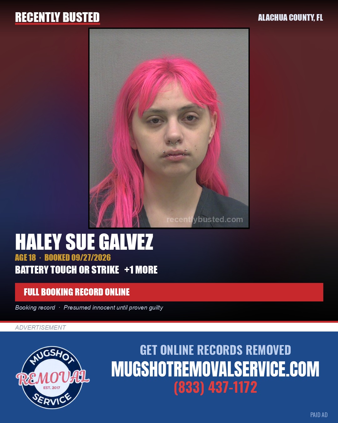 Haley Sue Galvez — arrest record card, Alachua County, Florida
