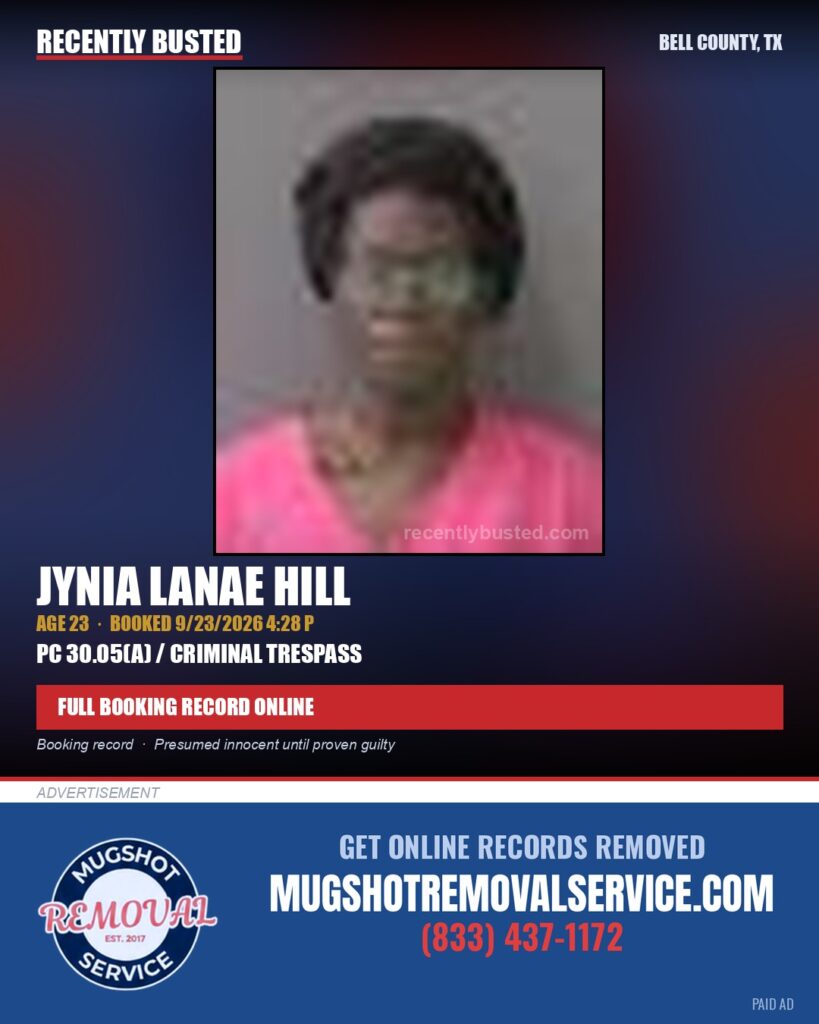 HILL, JYNIA LANAE — arrest record card, Bell County, Texas