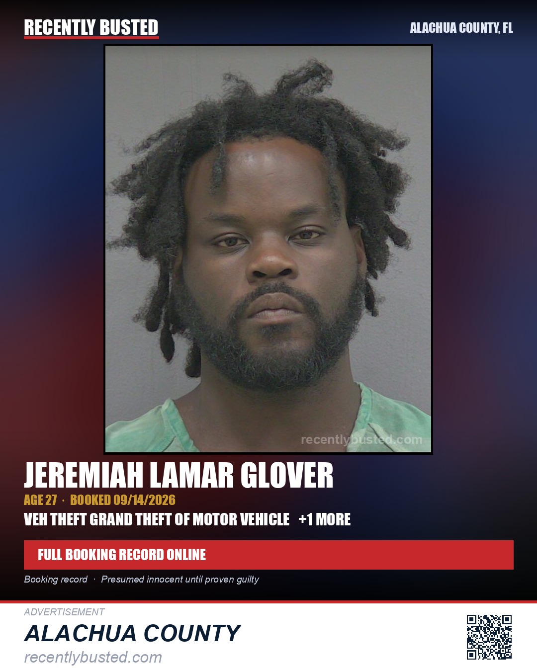 Jeremiah Lamar Glover — arrest record card, Alachua County, Florida