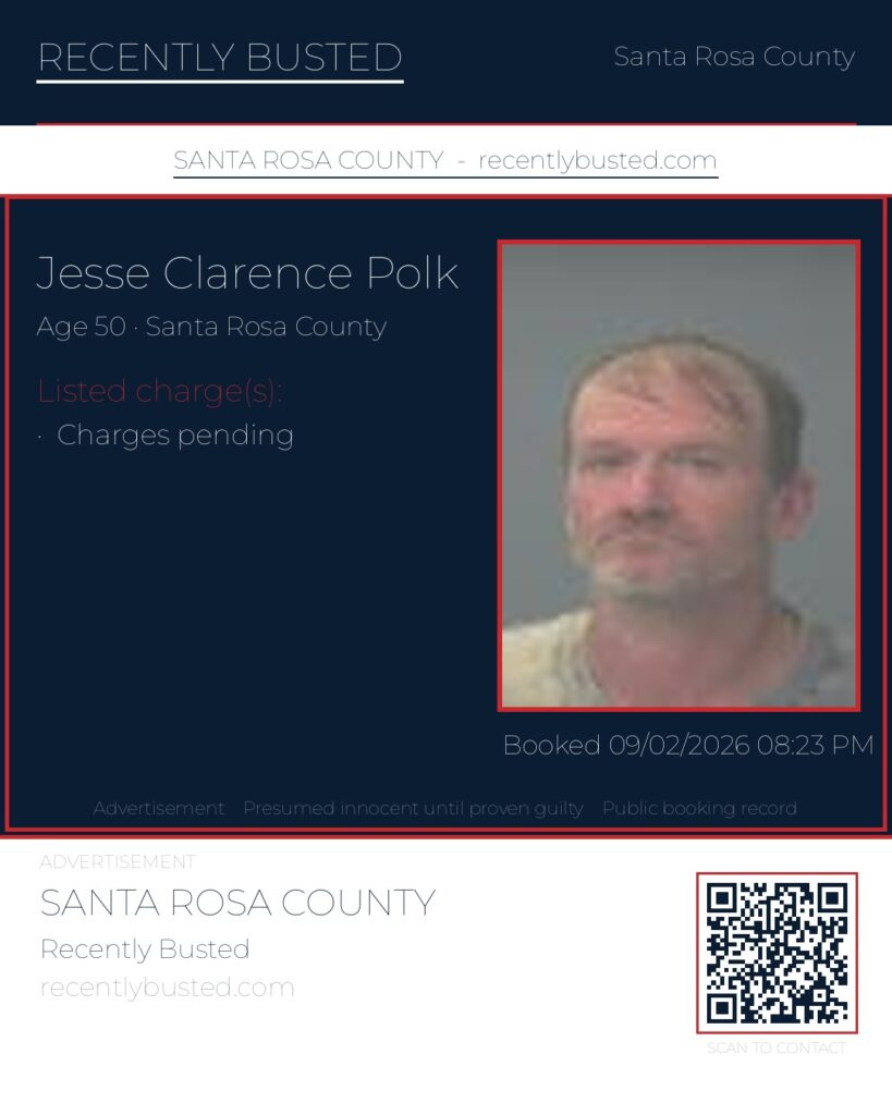 Jesse Clarence Polk — arrest record card, Santa Rosa County, Florida