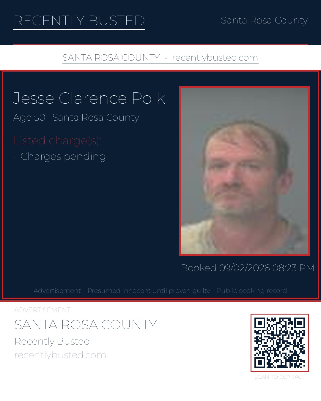 Jesse Clarence Polk — arrest record card, Santa Rosa County, Florida