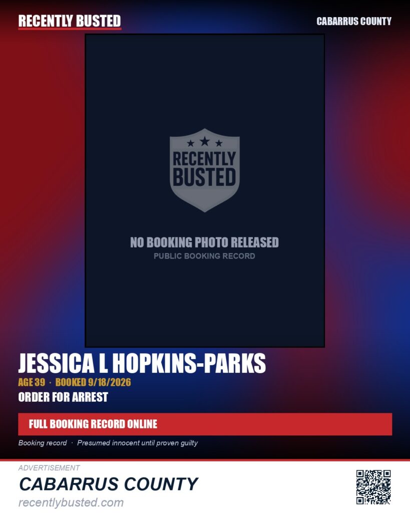 JESSICA L HOPKINS-PARKS — arrest record card, Cabarrus County