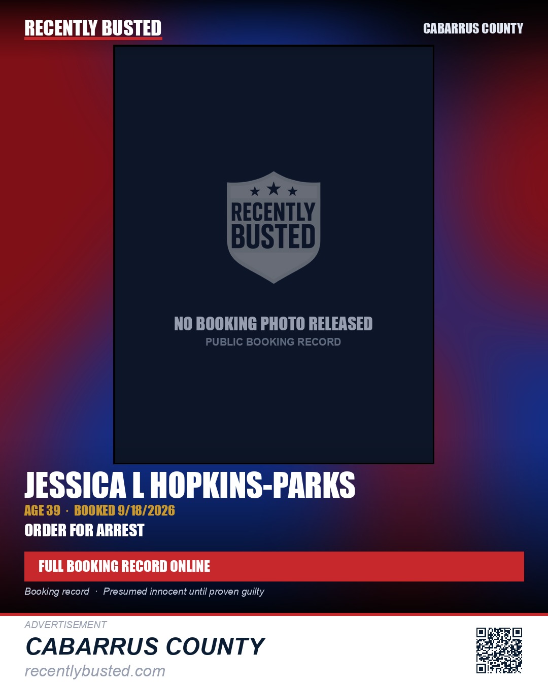 JESSICA L HOPKINS-PARKS — arrest record card, Cabarrus County