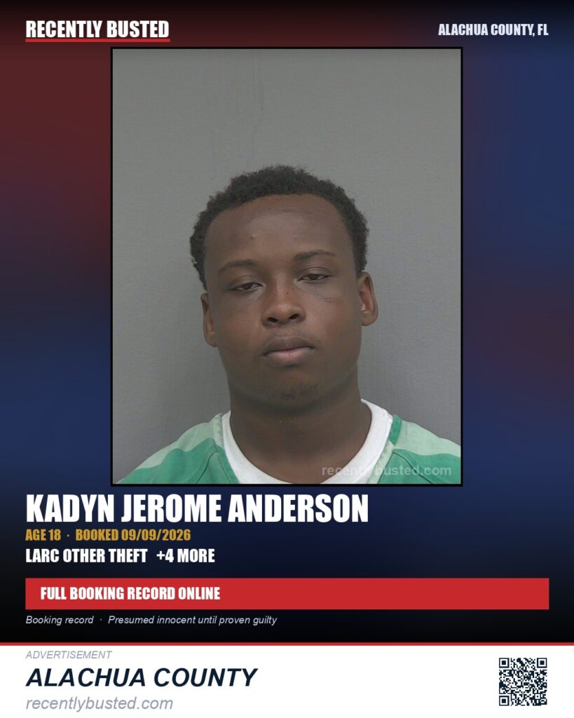Kadyn Jerome Anderson — arrest record card, Alachua County, Florida