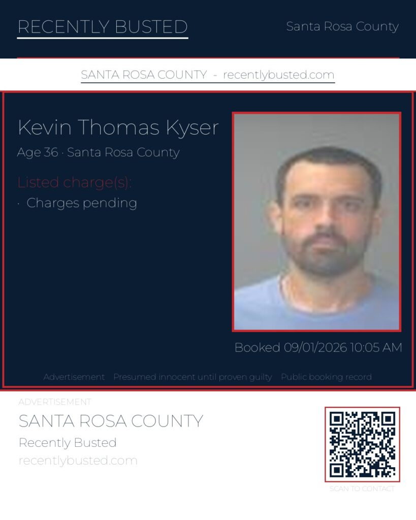 Kevin Thomas Kyser — arrest record card, Santa Rosa County, Florida