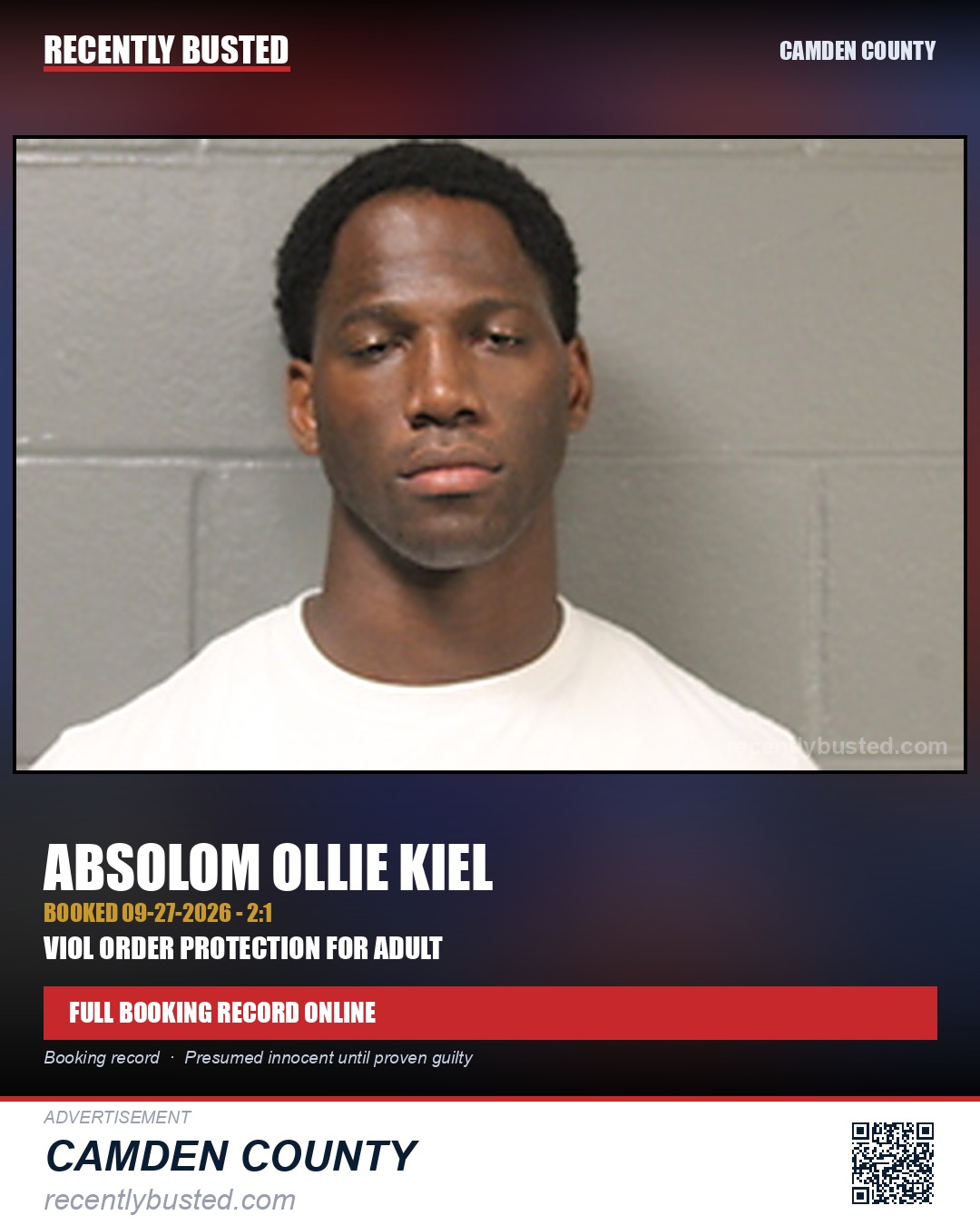 Kiel, Absolom Ollie — arrest record card, Camden County