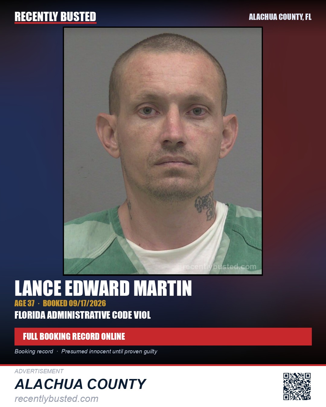 Lance Edward Martin — arrest record card, Alachua County, Florida