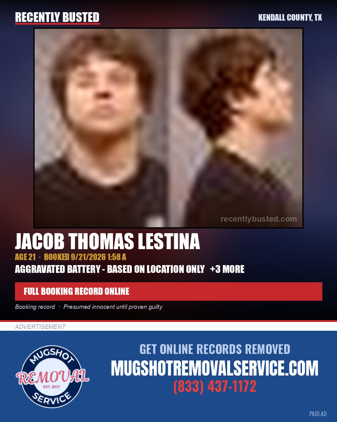 LESTINA, JACOB THOMAS — arrest record card, Kendall County, Illinois