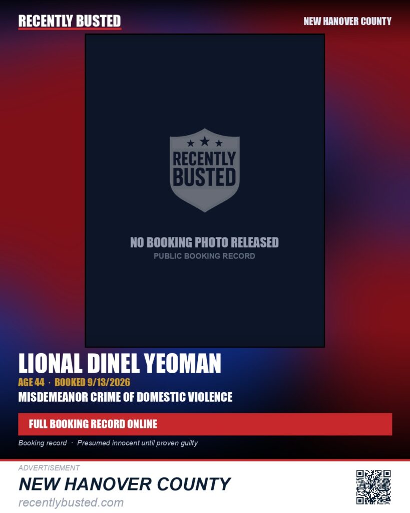 LIONAL DINEL YEOMAN — arrest record card, New Hanover County