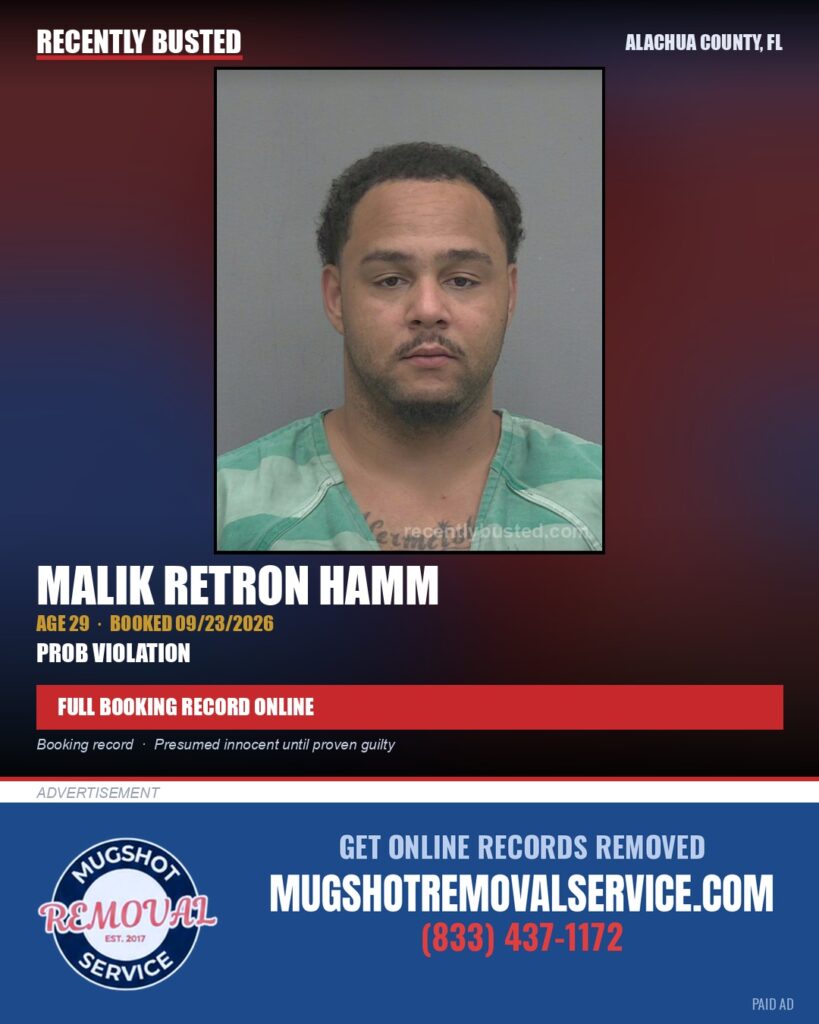 Malik Retron Hamm — arrest record card, Alachua County, Florida