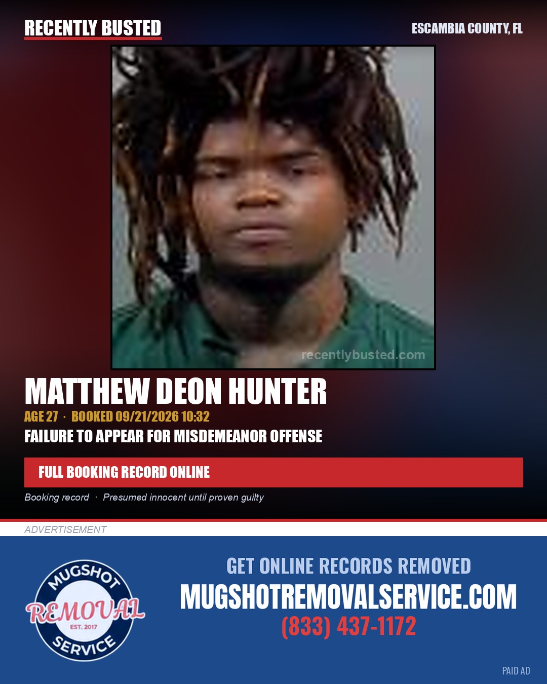 Matthew Deon Hunter — arrest record card, Escambia County, Florida