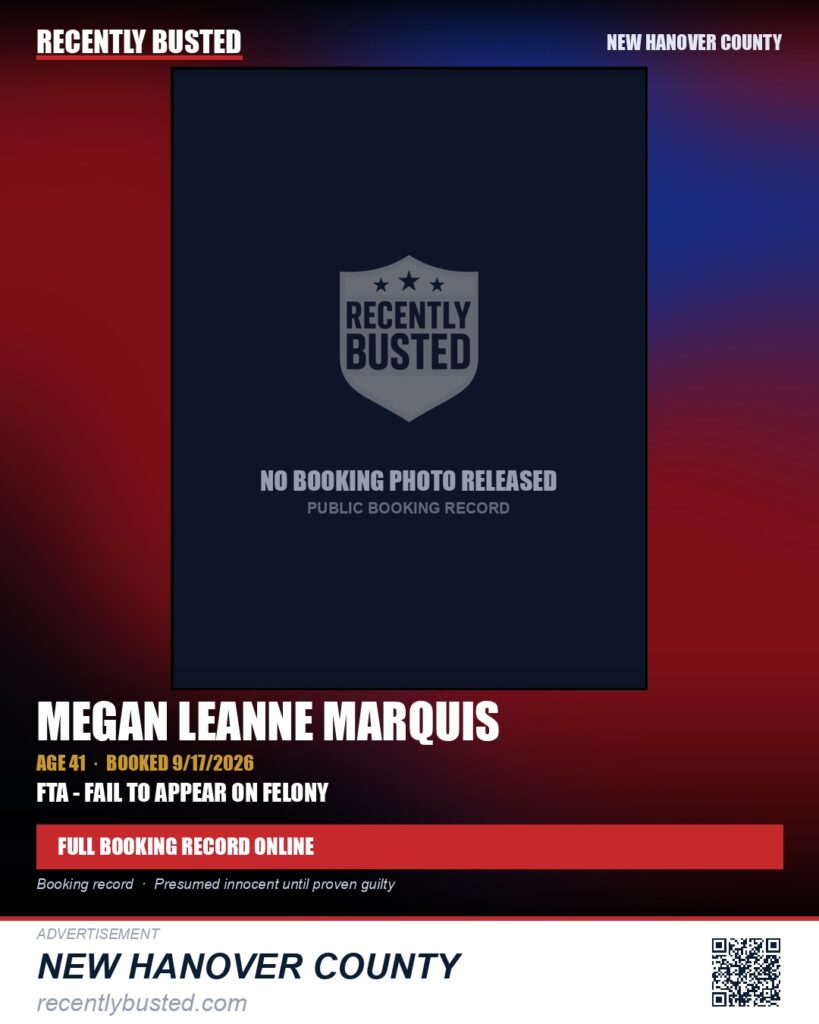 MEGAN LEANNE MARQUIS — arrest record card, New Hanover