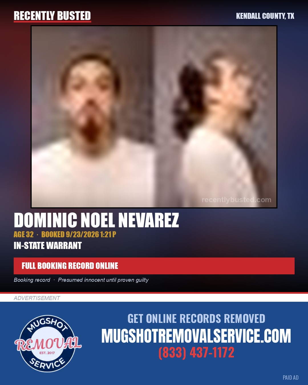 NEVAREZ, DOMINIC NOEL — arrest record card, Kendall County, Illinois
