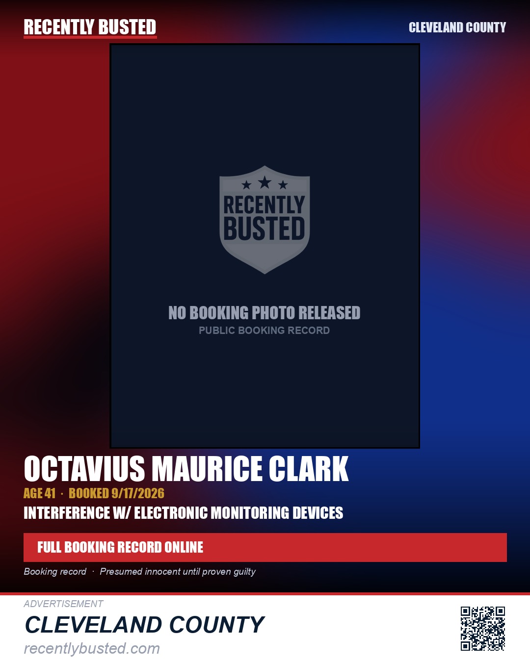 OCTAVIUS MAURICE CLARK — arrest record card, Cleveland County