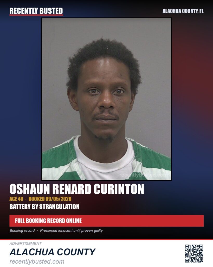 Oshaun Renard Curinton — arrest record card, Alachua County, Florida