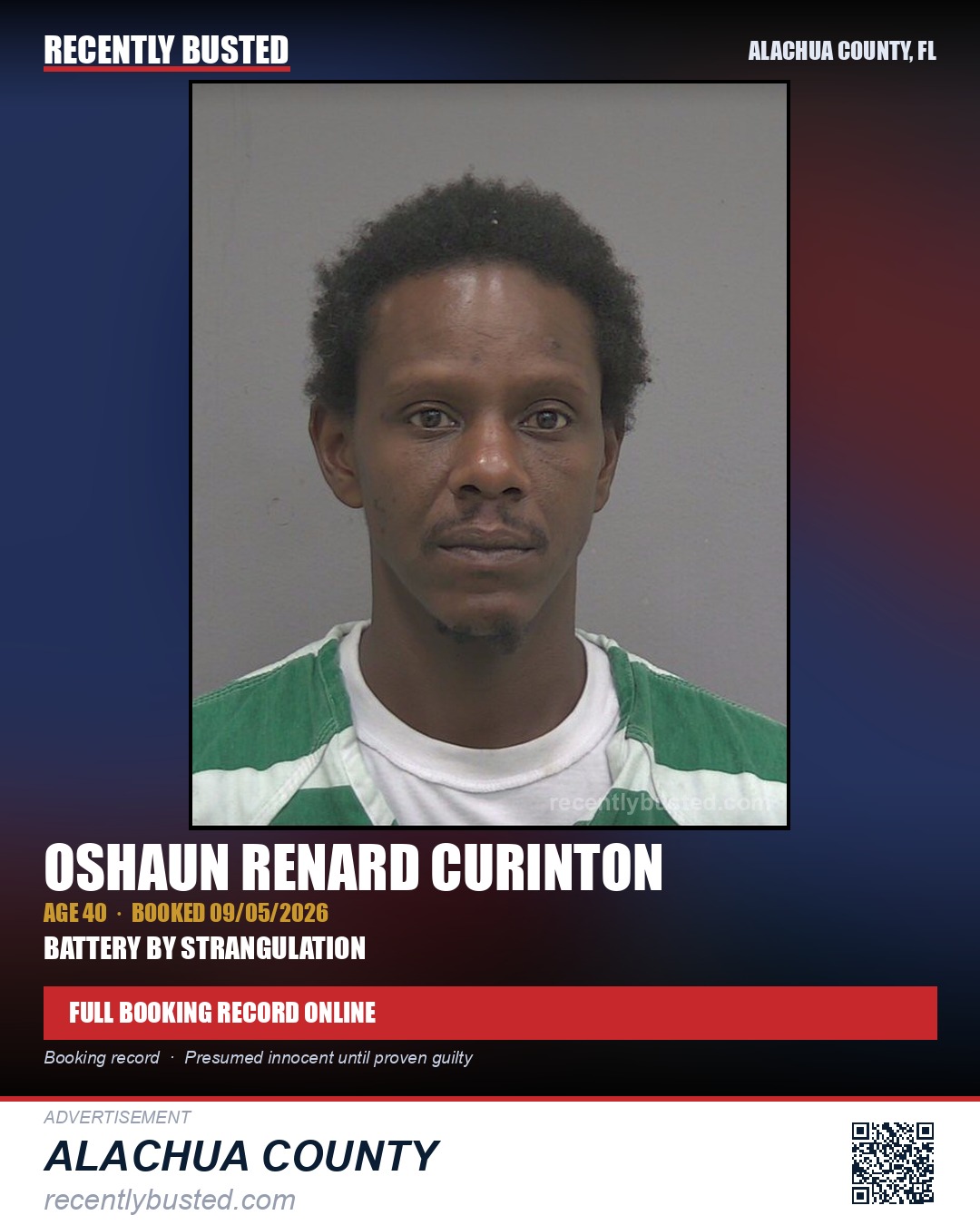 Oshaun Renard Curinton — arrest record card, Alachua County, Florida