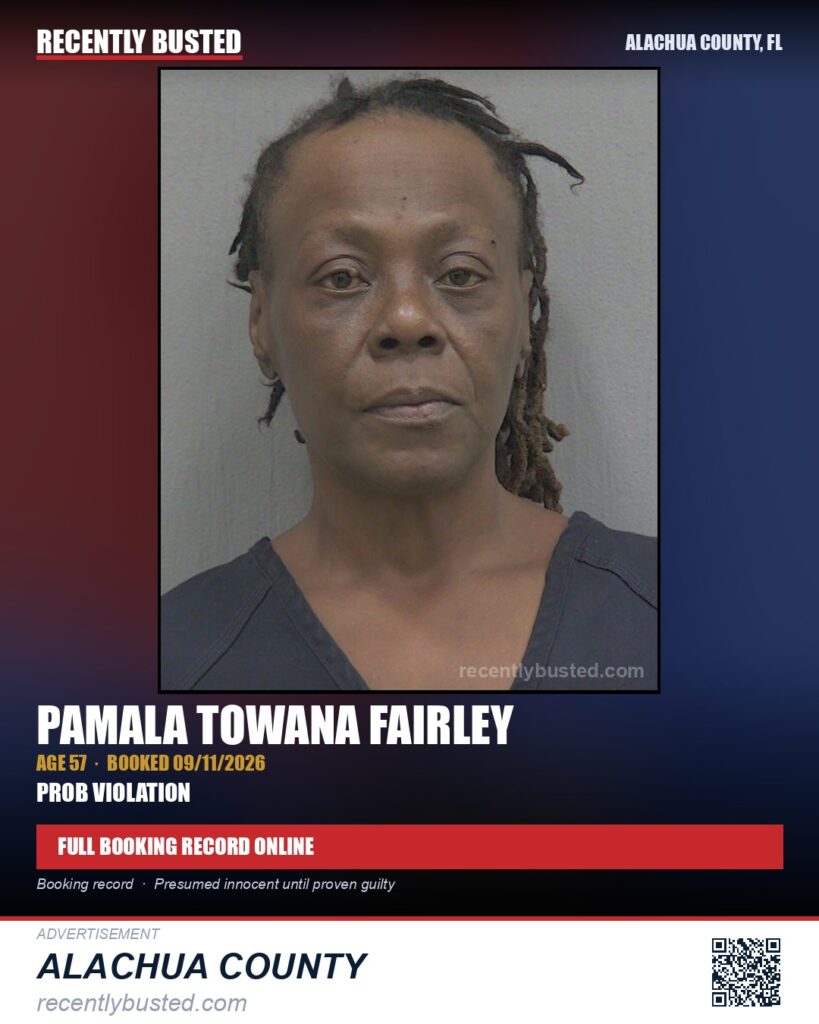 Pamala Towana Fairley — arrest record card, Alachua County, Florida