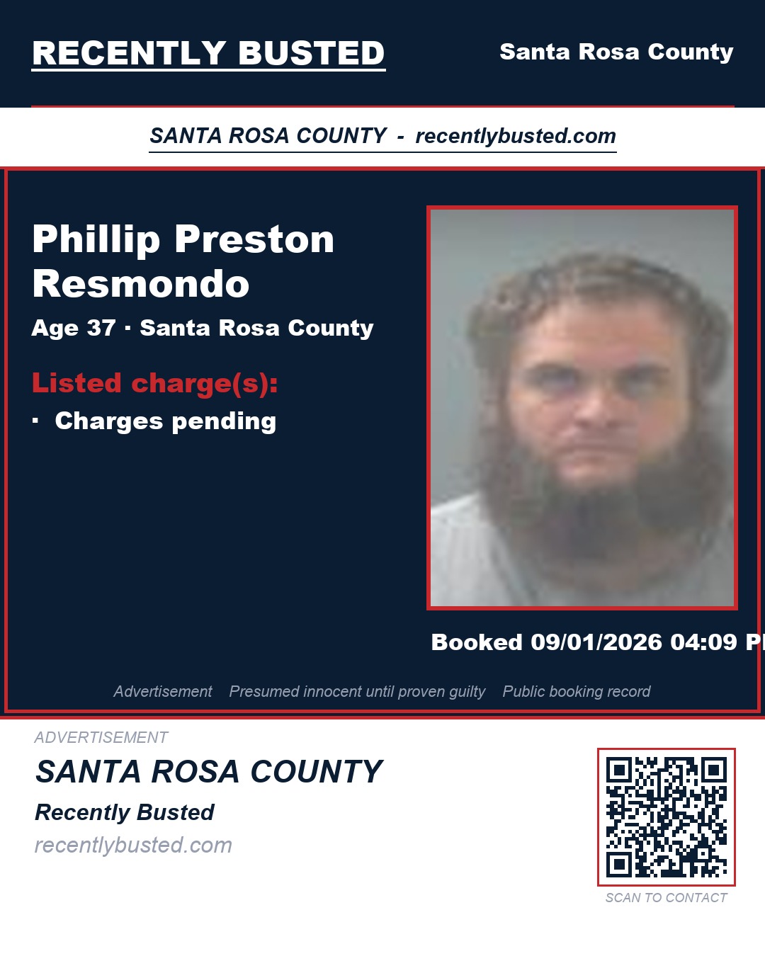 Phillip Preston Resmondo — arrest record card, Santa Rosa County, Florida