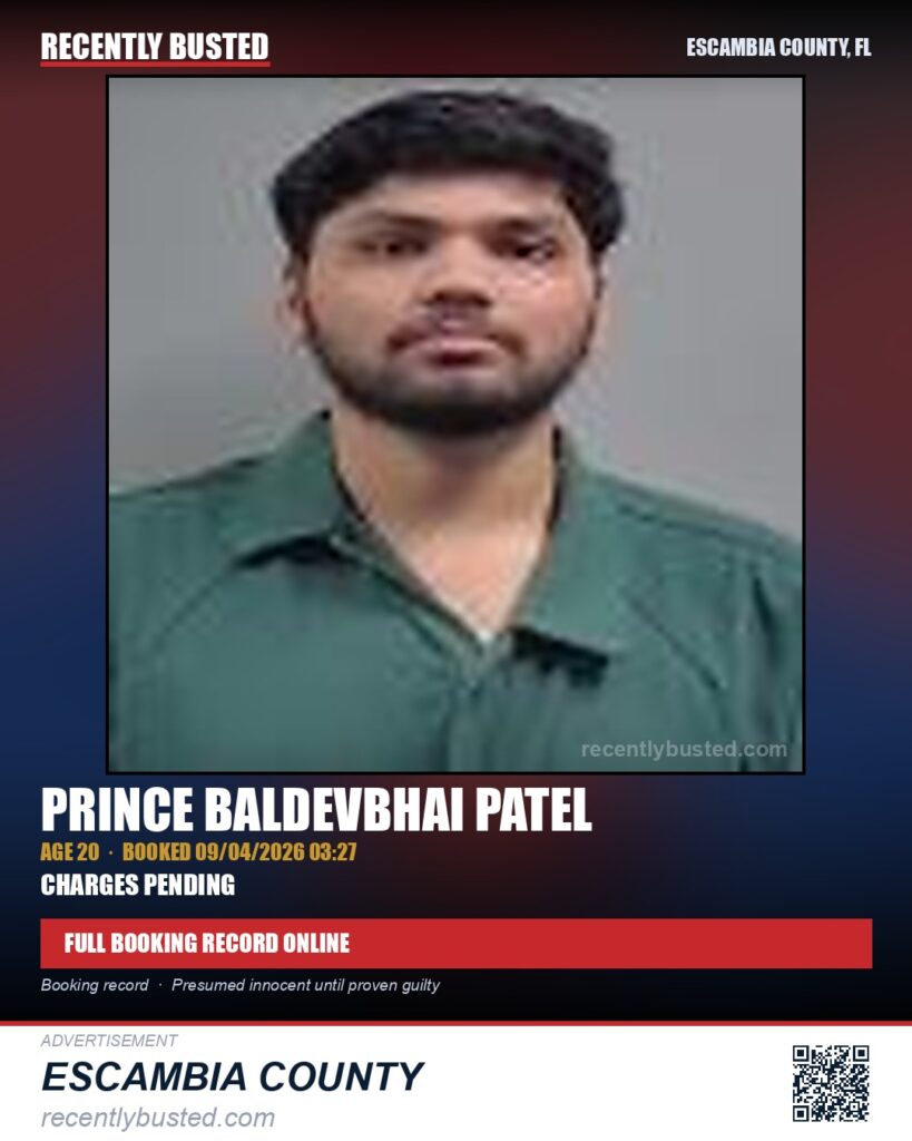Prince Baldevbhai Patel — arrest record card, Escambia County, Florida