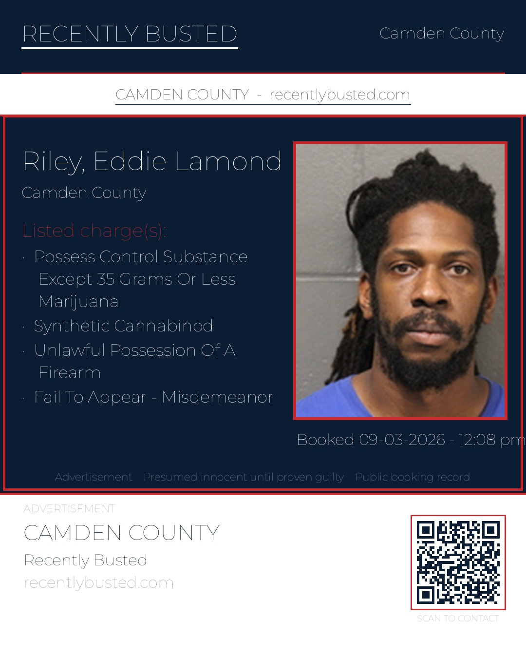 Riley, Eddie Lamond — arrest record card, Camden County