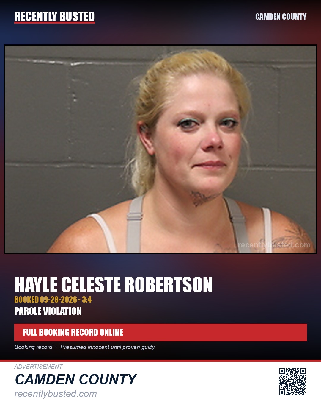 Robertson, Hayle Celeste — arrest record card, Camden County