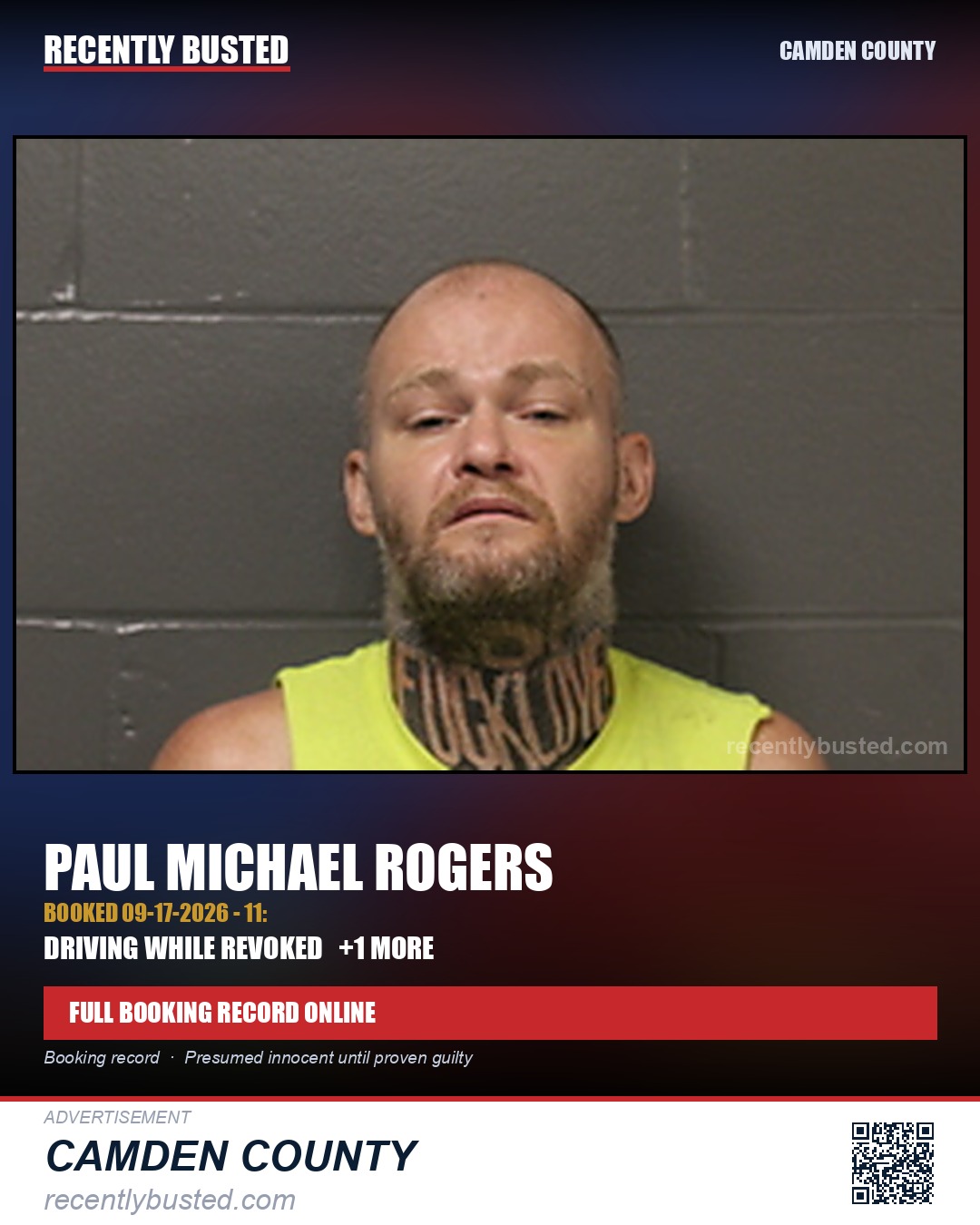 Rogers, Paul Michael — arrest record card, Camden County