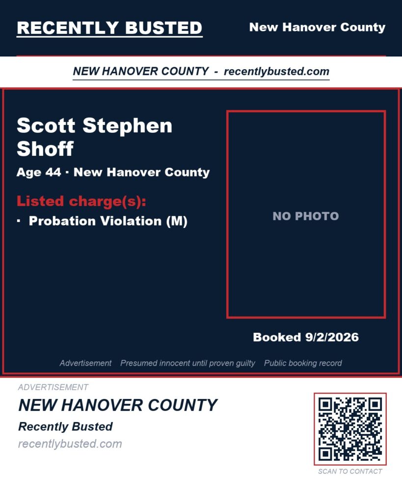 SCOTT STEPHEN SHOFF — arrest record card, New Hanover County