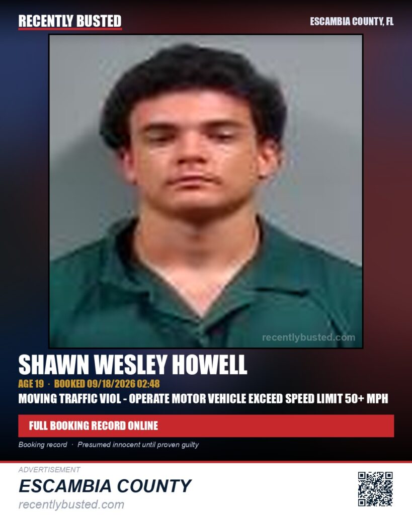 Shawn Wesley Howell — arrest record card, Escambia County, Florida