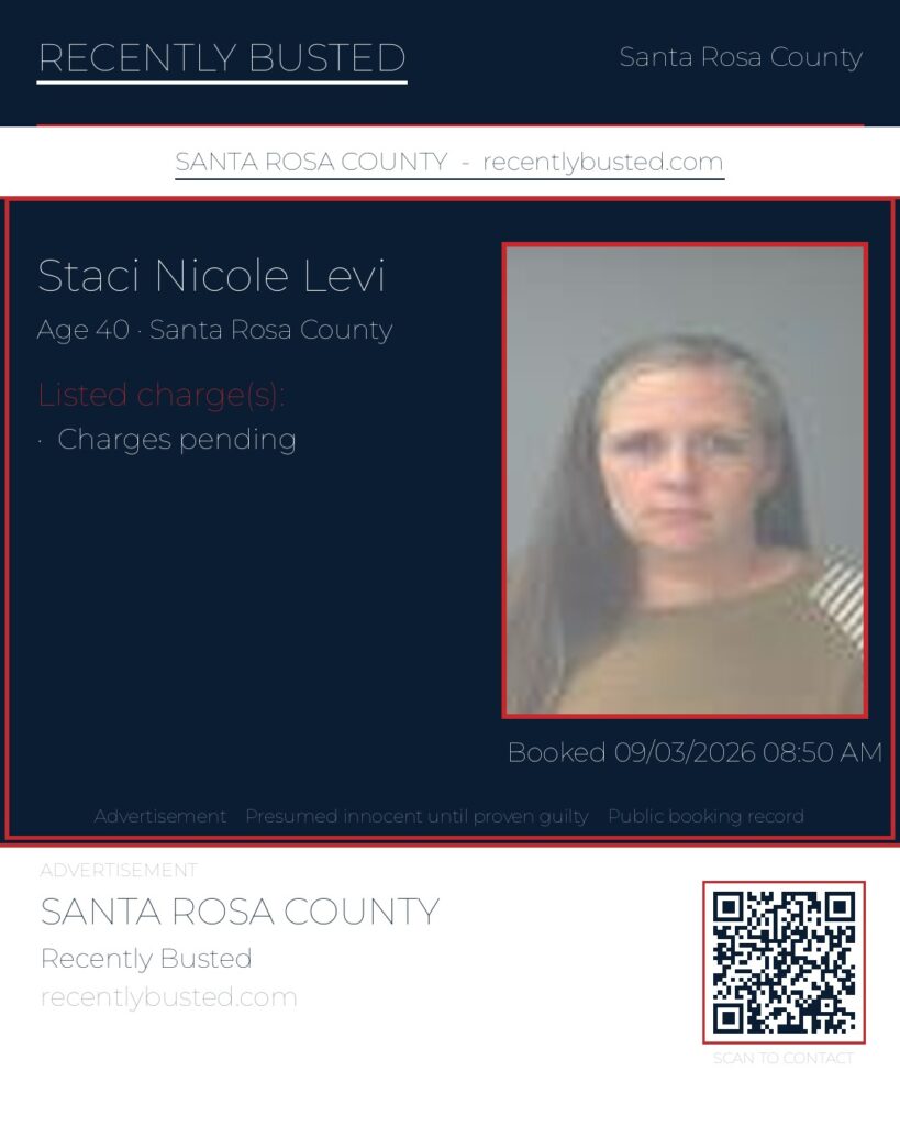 Staci Nicole Levi — arrest record card, Santa Rosa County, Florida