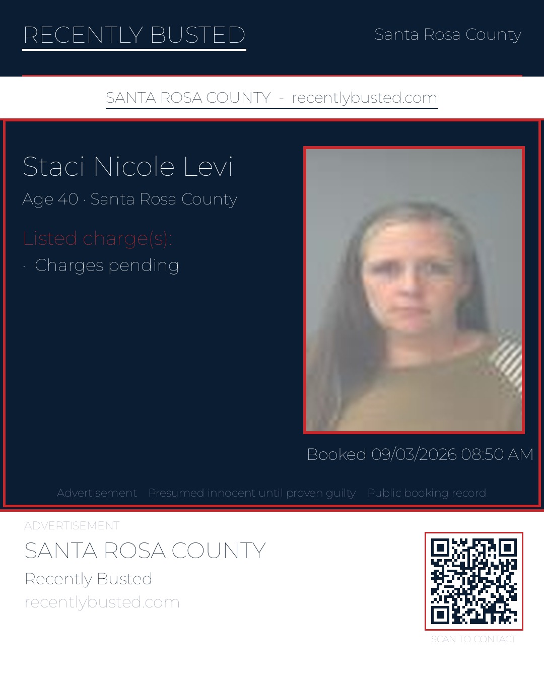 Staci Nicole Levi — arrest record card, Santa Rosa County, Florida