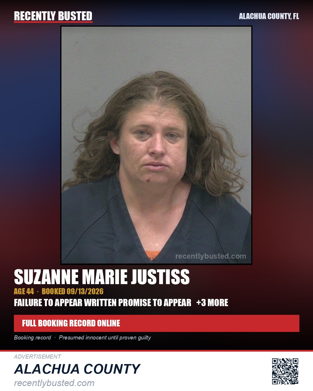 Suzanne Marie Justiss — arrest record card, Alachua County, Florida