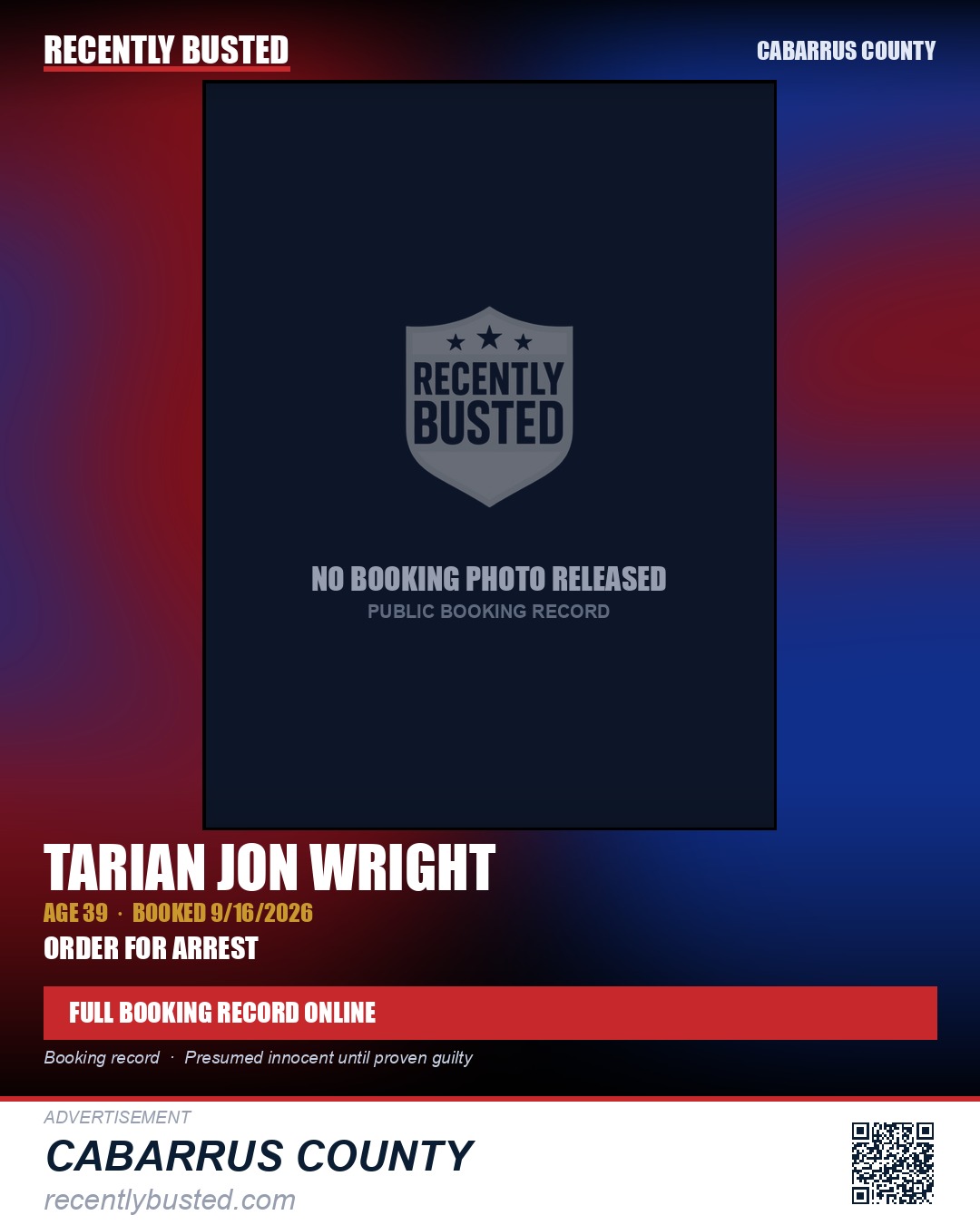 TARIAN JON WRIGHT — arrest record card, Cabarrus County
